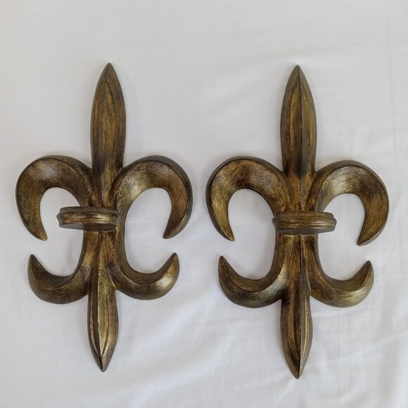 Set of 2 SPI Fleur De Lis Wall Sconces Distressed Gold Candle Holders Home Decor